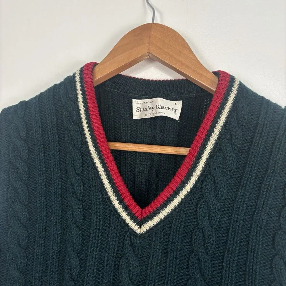 Vintage Stanley Blacker Wool Cricket Vest Sweater Dark Green Large 100% Wool